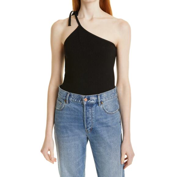 ba&sh Black Noir Asymmetric One Shoulder Tie Tank - Picture 1 of 12